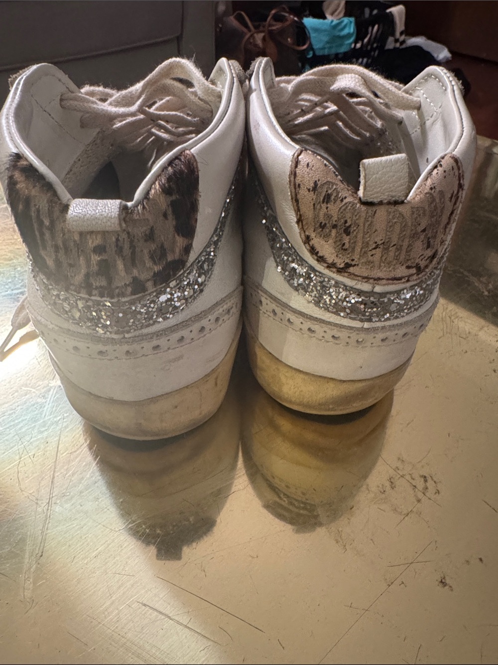 White Leather High-Top Sneakers with Leopard Star and Silver Glitter - Picture 3 of 7